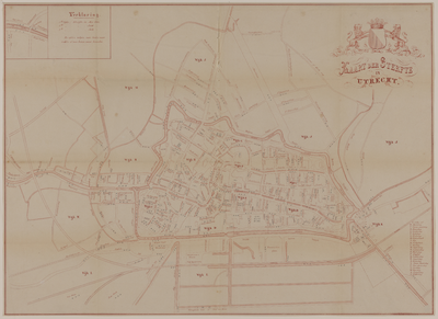 217402 Plattegrond van de stad Utrecht, met opgave van de sterftecijfers van de cholera in de maanden mei, juni en juli 1866.